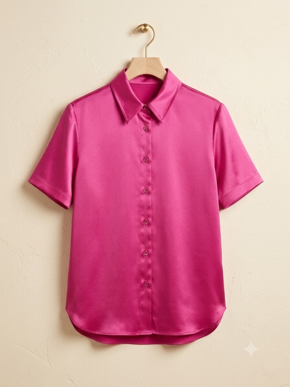 Short-Sleeve Satin Button-Down Shirt - Bright Fuchsia Pink